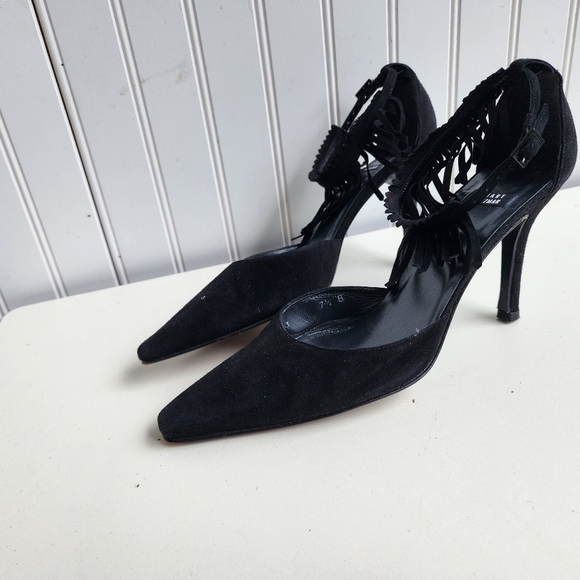 RARE Stuart Weitzman Fringelica Suede Point Toe Pump Black Ankle Strap Heel 7.5 - Picture 7 of 16